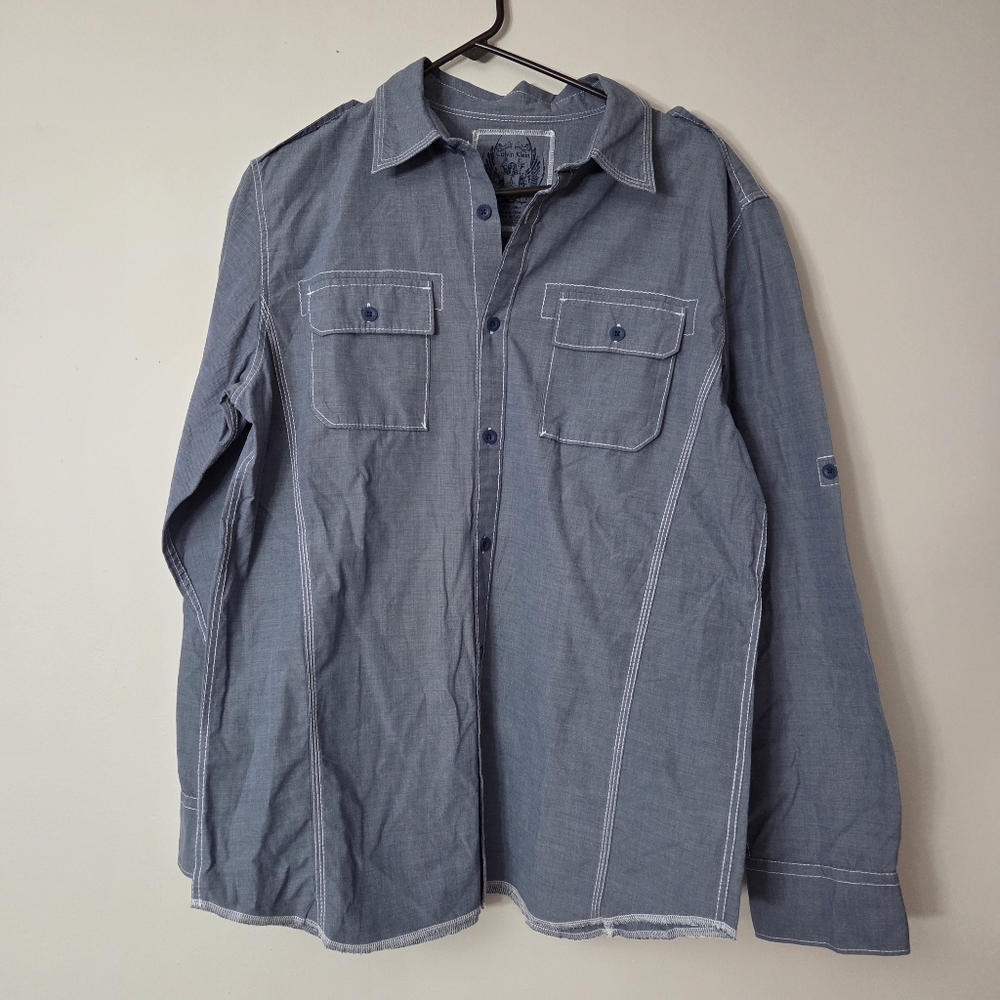Calvin Klein Mens Medium Blue Long Sleeve Button Down White Stitching Cotton